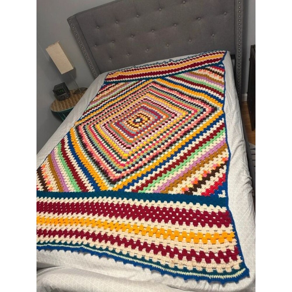 Vintage Multicolor Crochet Afghan 70x44 Granny Square Blanket Handmade Boho Thro